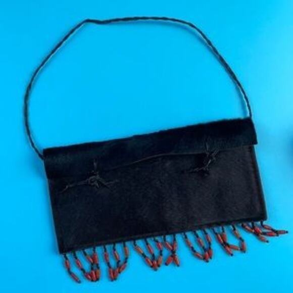 Chateau Women's Black Leather Fringed Boho Mini Purse Handbag - Picture 1 of 6